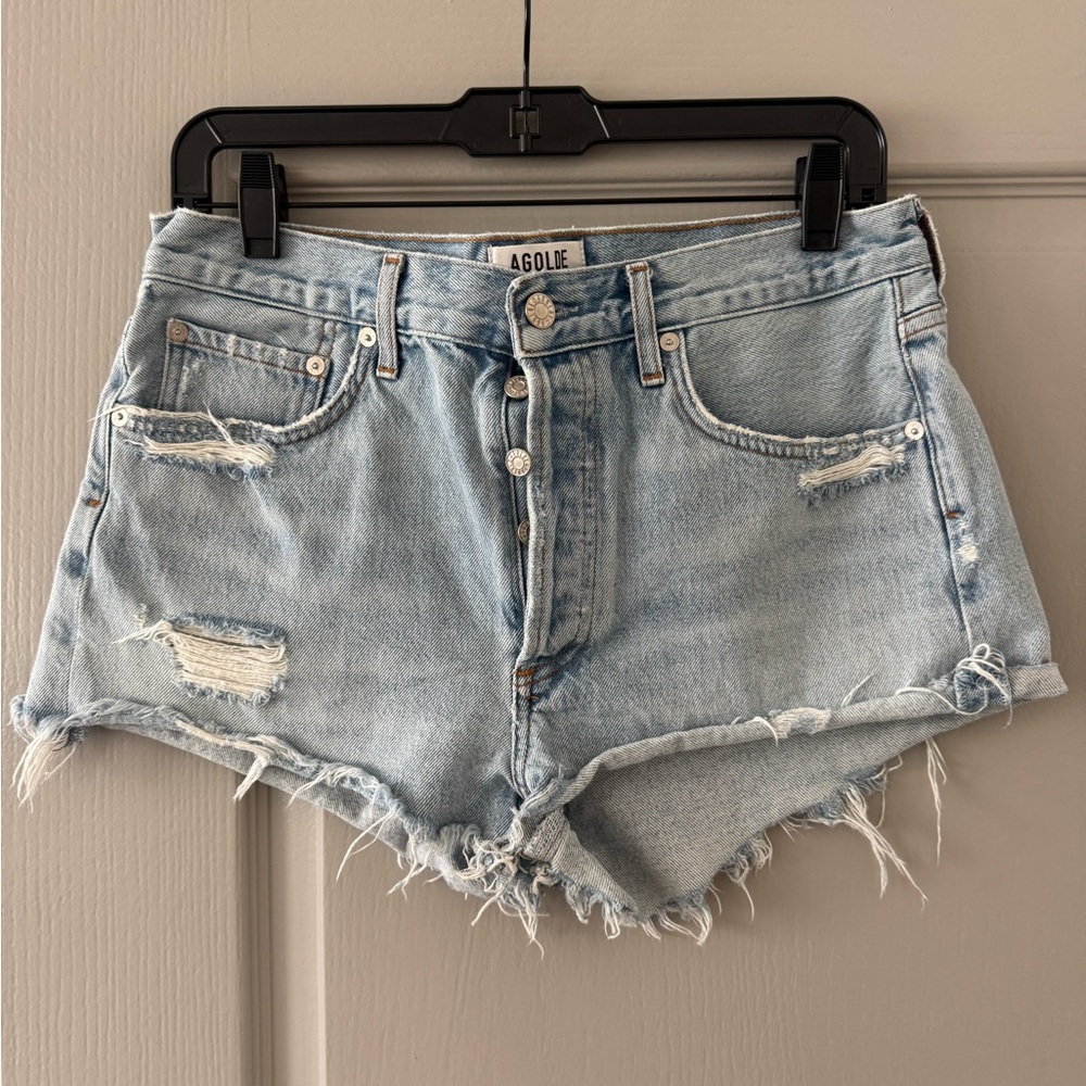 Agolde Faded Blue Frayed Jean Shorts